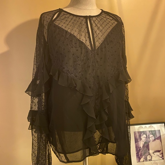 Guess Tops - 🐈‍⬛ GUESS  black Sheer Ruffle Blouse puffed sleeve pirate Renaissance maiden